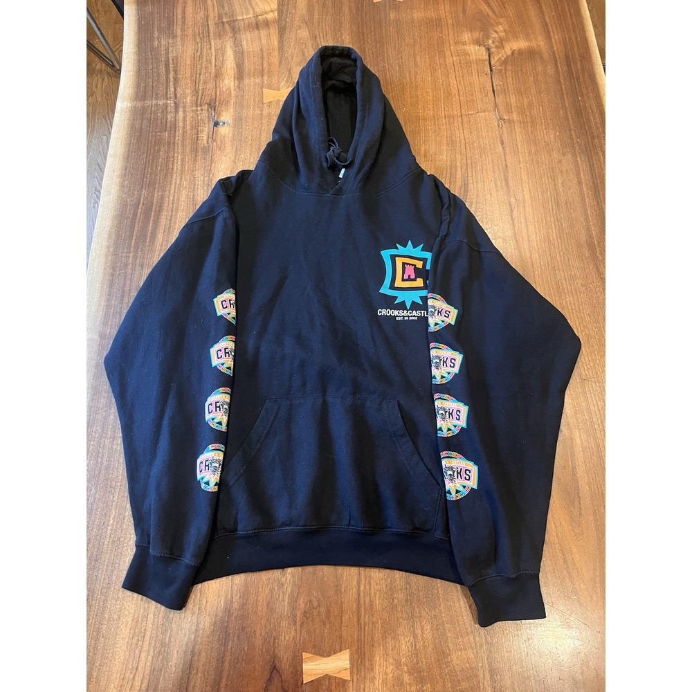 Crooks & Castles Black Hoodie Orange/Blue/Pink Graphics Size XL Face/Snakes Warm
